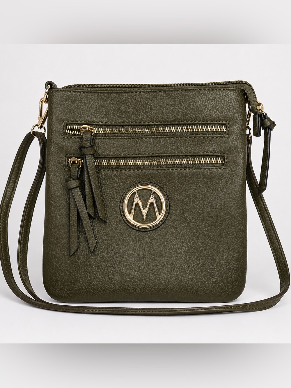 MIA K OLIVE GREEN VEGAN LEATHER CROSSBODY BAG GOLD ACCENTS DOUBLE ZIP EUC
